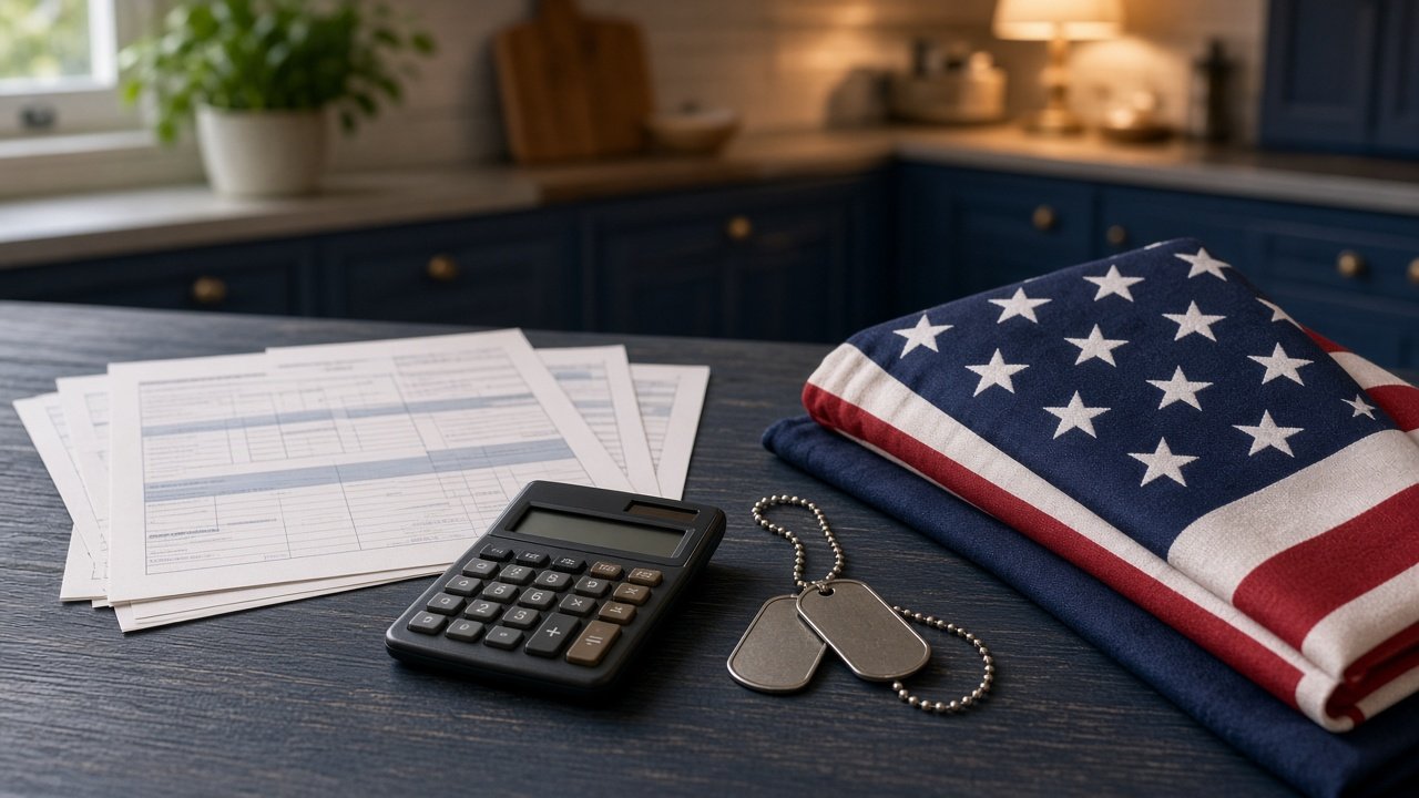 Tax forms, calculator, flag and dog tags for military family tax help