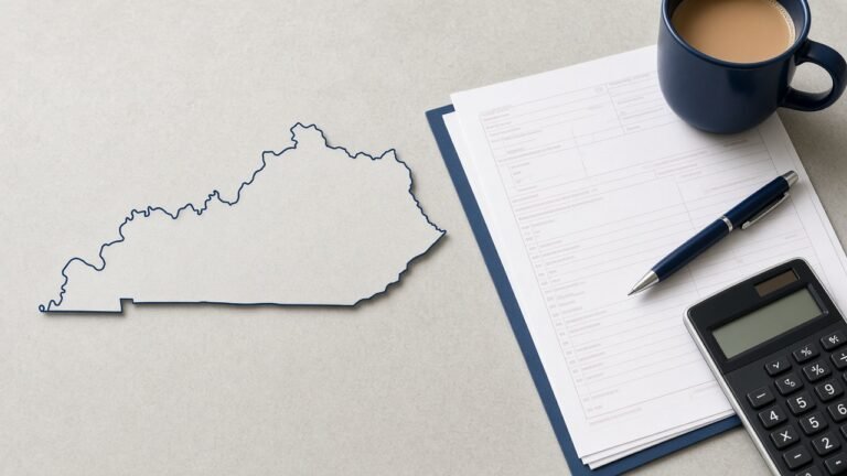 Kentucky state outline next to tax forms, a calculator and a pen