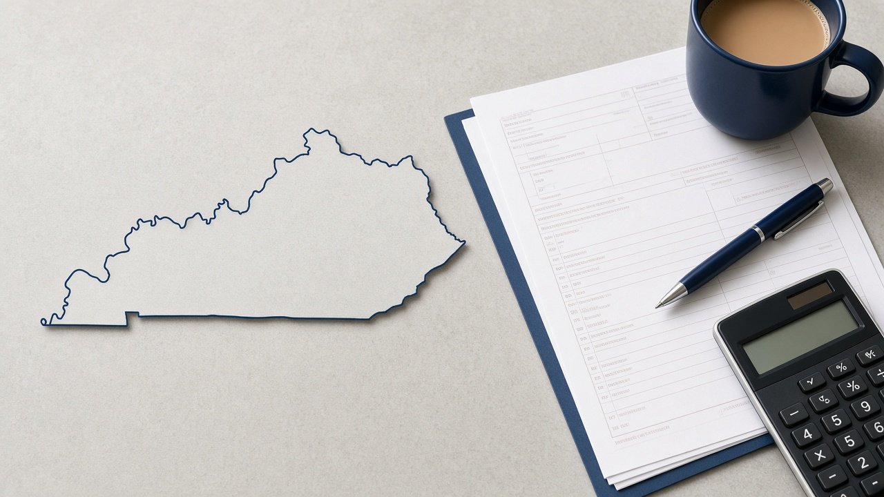 Kentucky state outline next to tax forms, a calculator and a pen